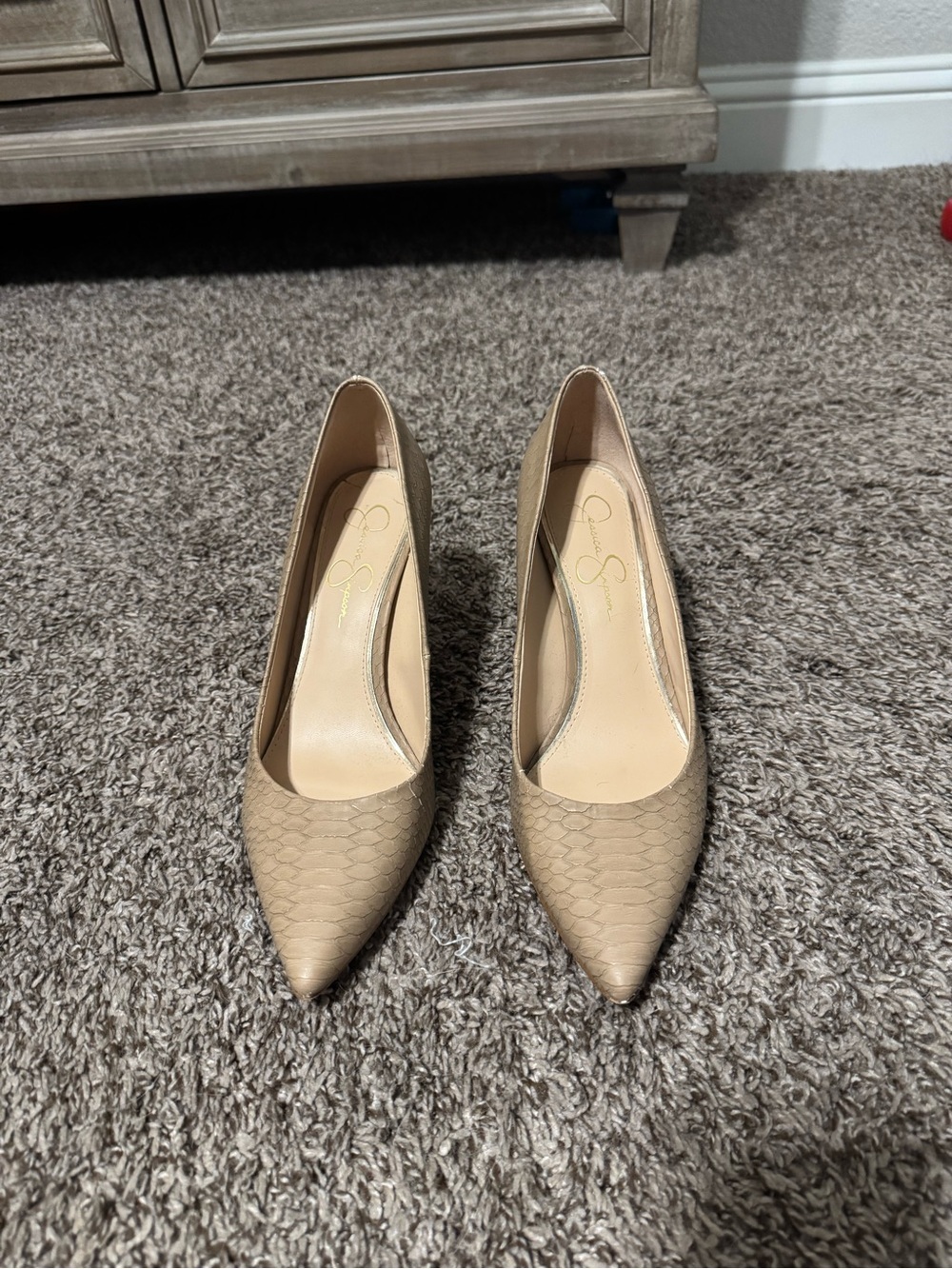 Jessica Simpson Beige Pointed Toe Snakeskin Pumps